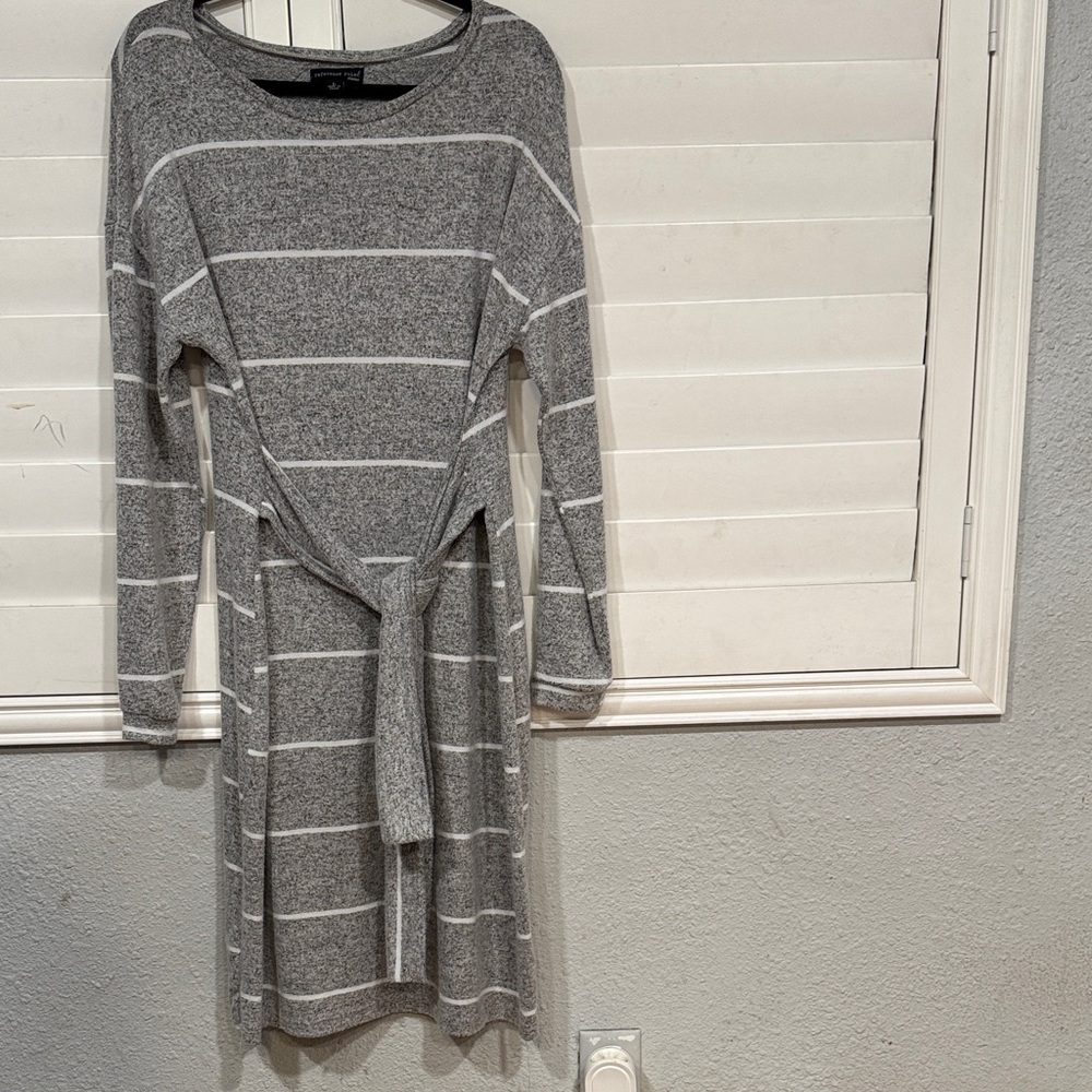 Elegant Gray Striped Long Sleeve Dress